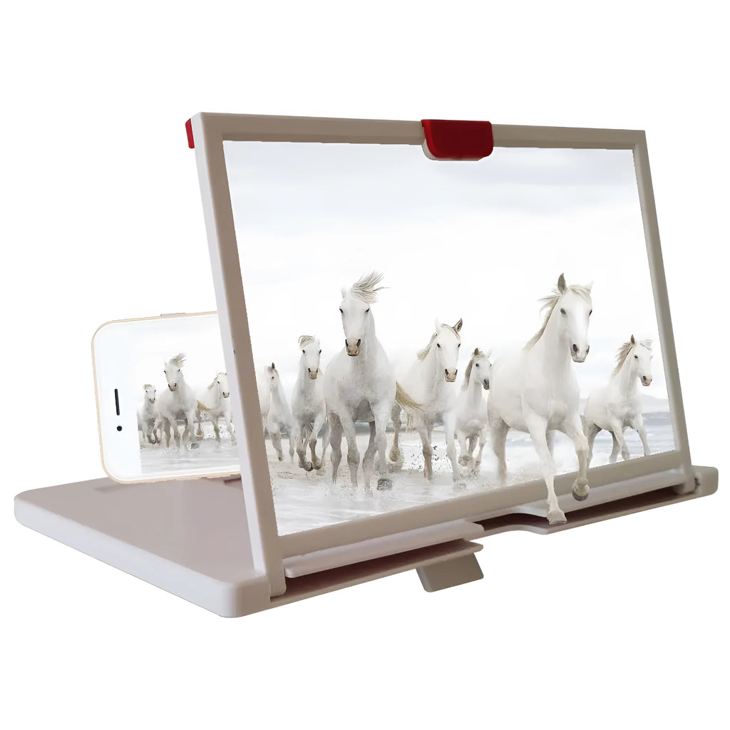 Black desktop mobile phone holder with a large magnifying lens for screen enlargement.