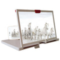 Black desktop mobile phone holder with a large magnifying lens for screen enlargement.