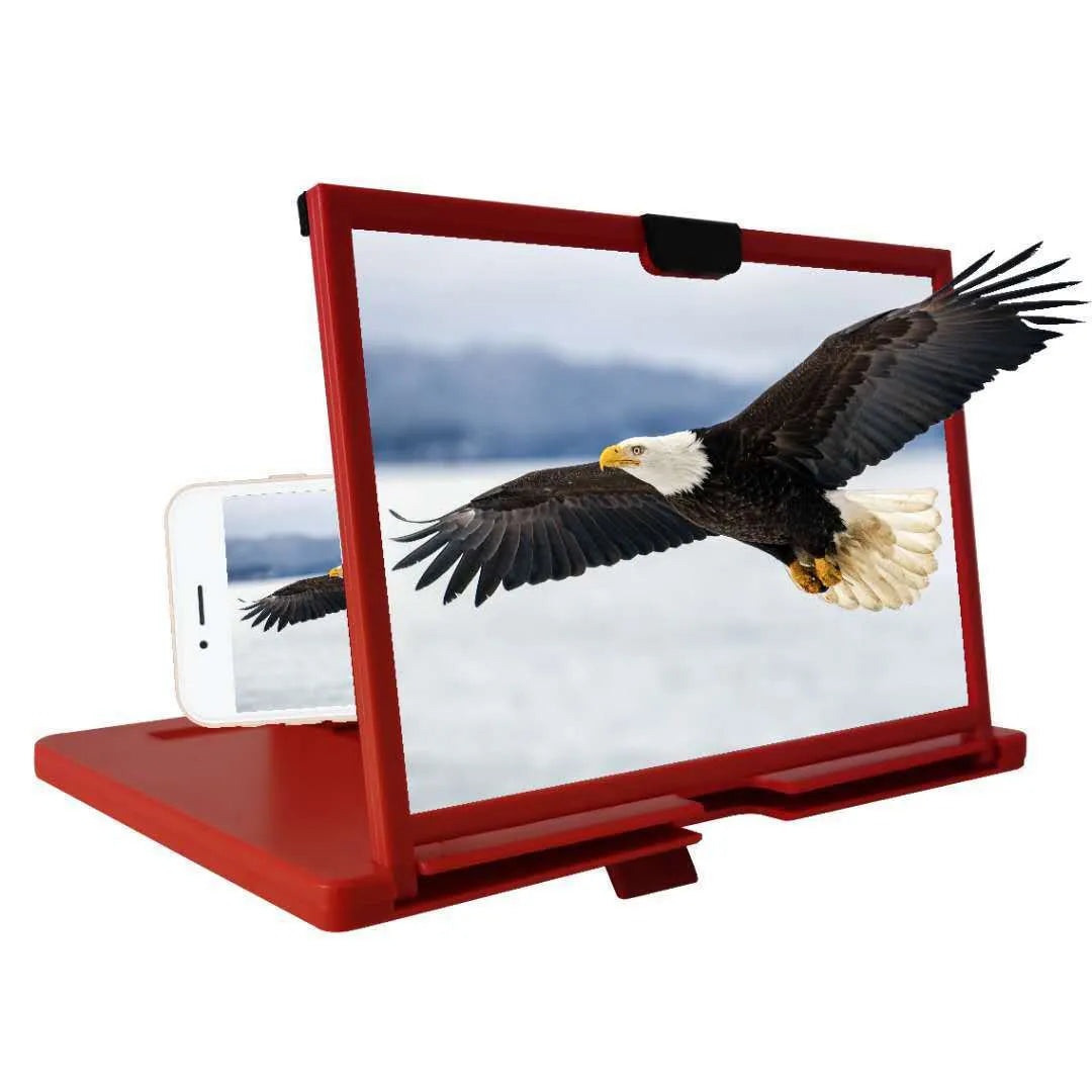 Black desktop mobile phone holder with a large magnifying lens for screen enlargement.