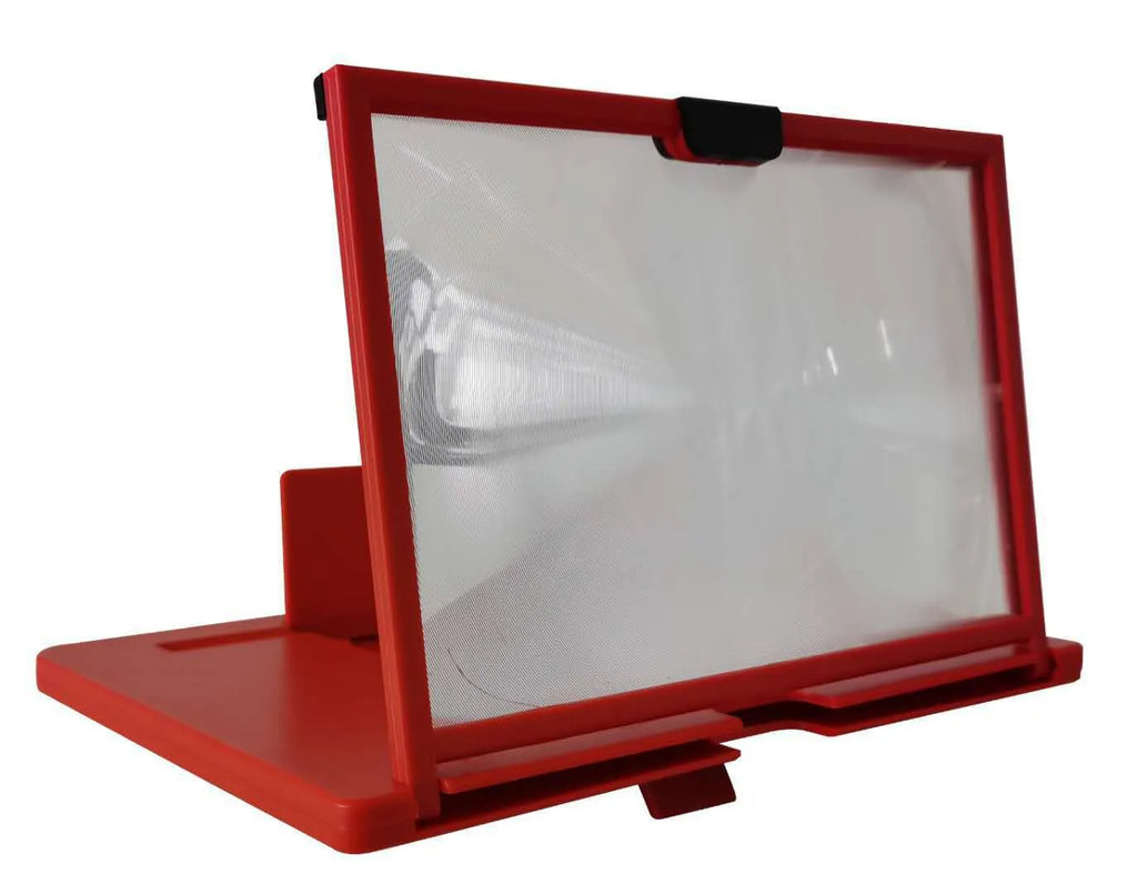 Black desktop mobile phone holder with a large magnifying lens for screen enlargement.