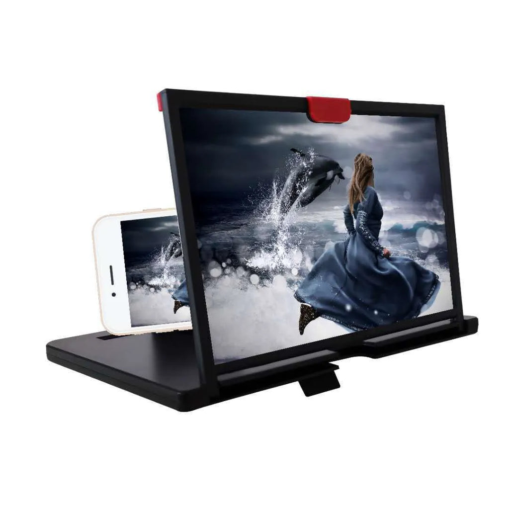 Black desktop mobile phone holder with a large magnifying lens for screen enlargement.