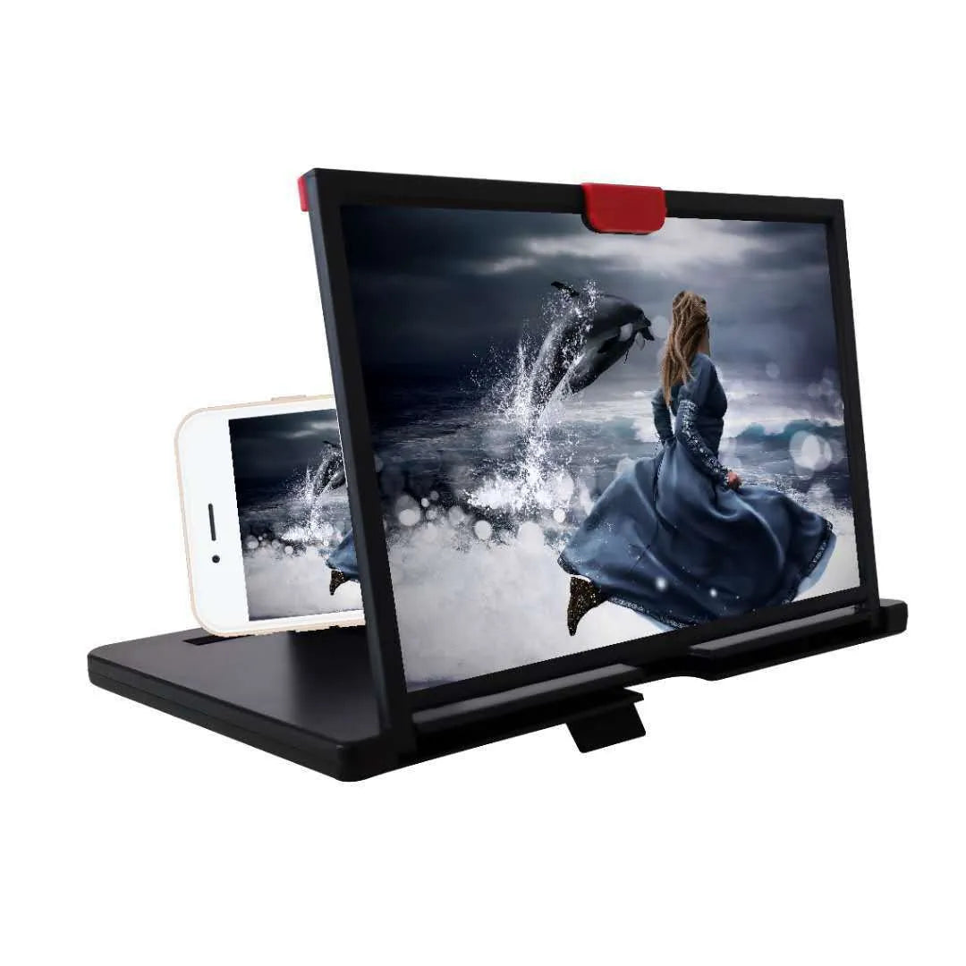 Black desktop mobile phone holder with a large magnifying lens for screen enlargement.