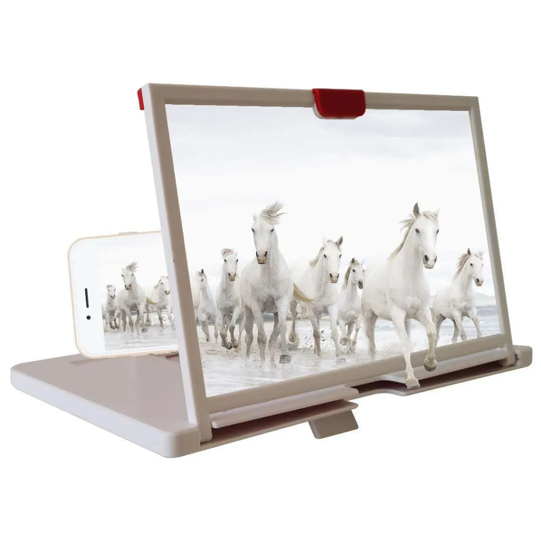 Black desktop mobile phone holder with a large magnifying lens for screen enlargement.