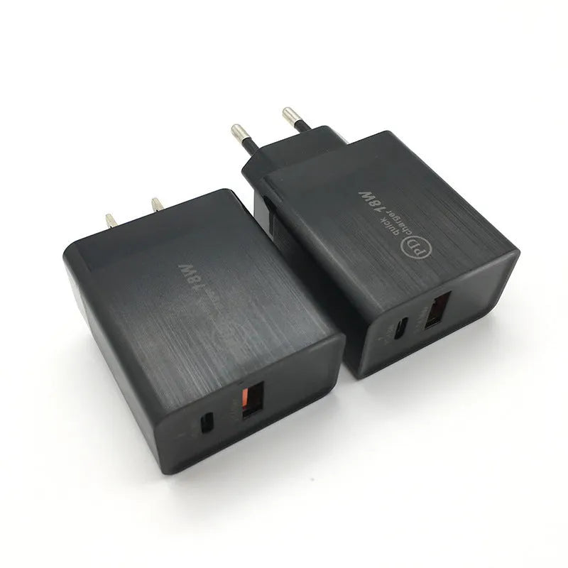 18W USB-C PD fast charger in black bare metal finish with US plug for smartphone charging