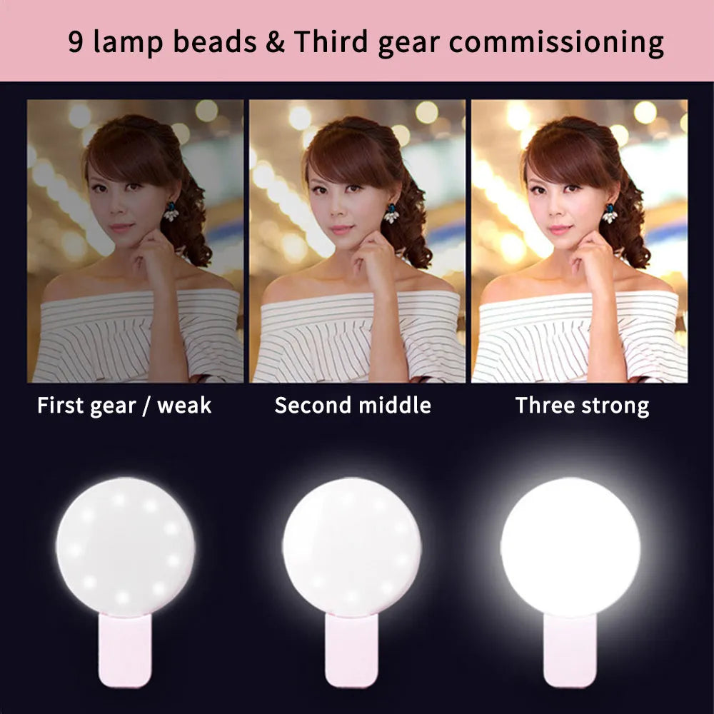 Small round white LED fill light clipped to the top of a mobile phone.