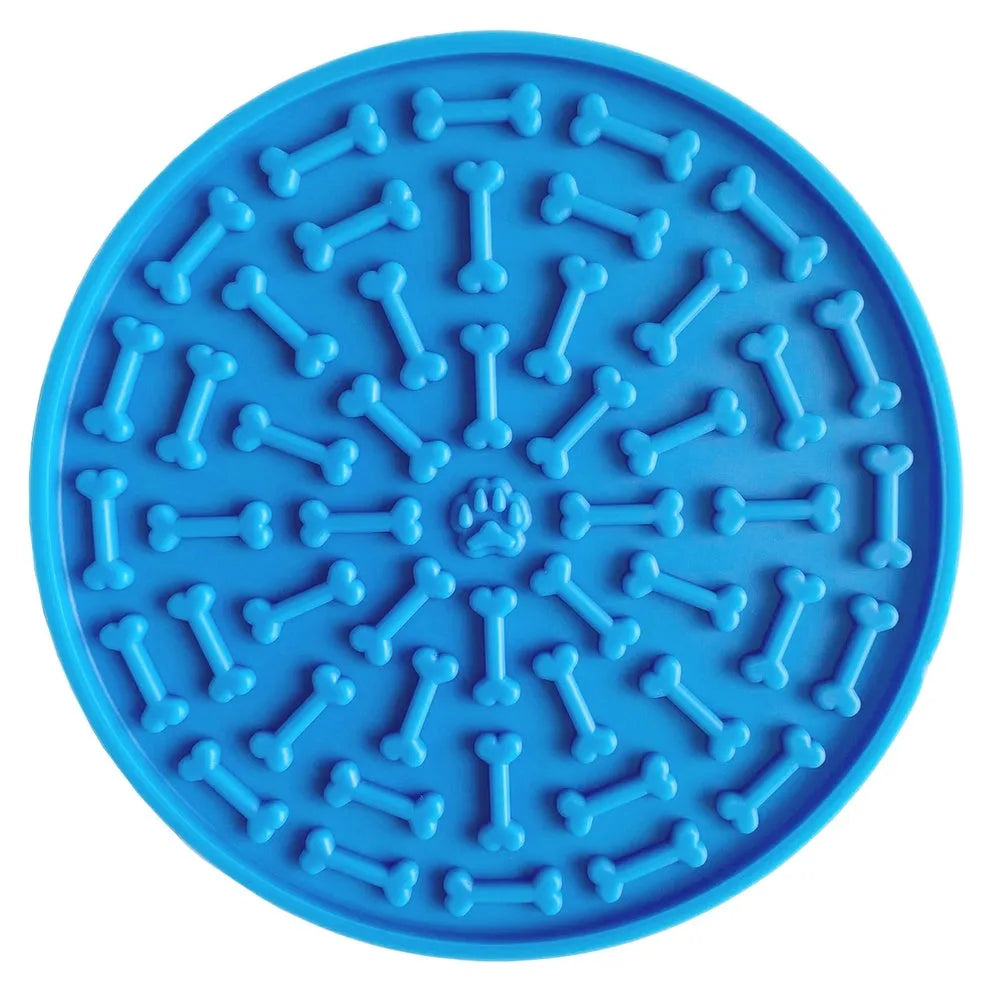 Silicone dog licking mat suction cup slow feeder with square lattice texture in blue and orange