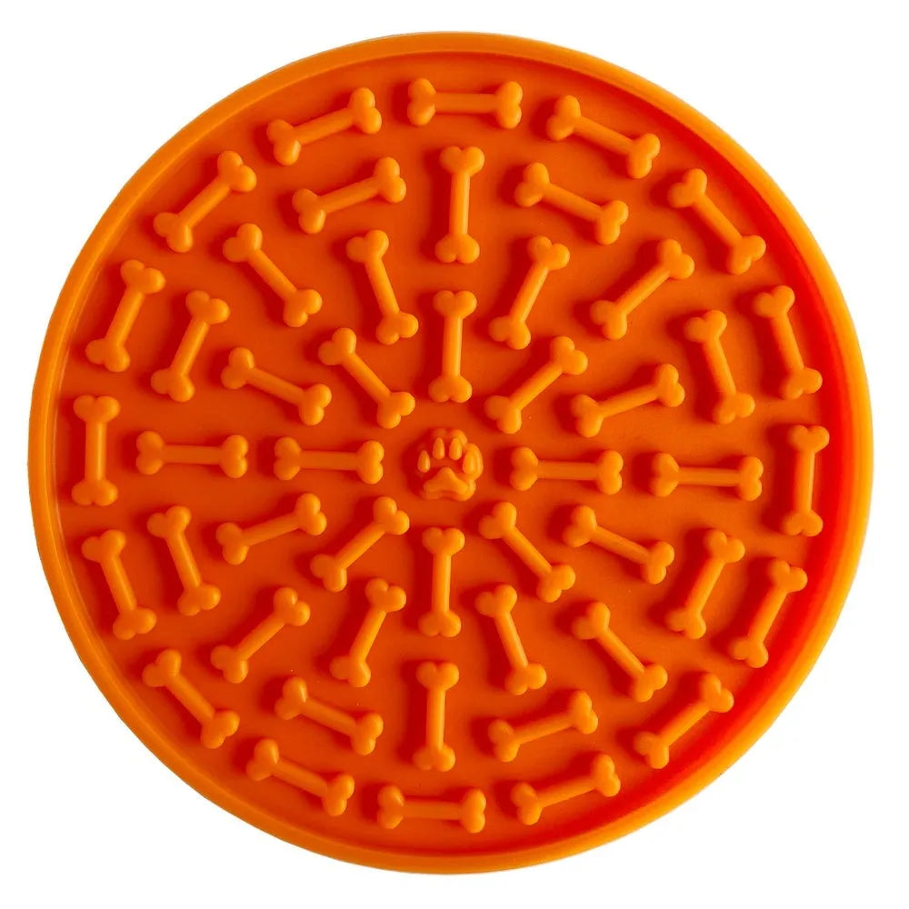 Silicone dog licking mat suction cup slow feeder with square lattice texture in blue and orange