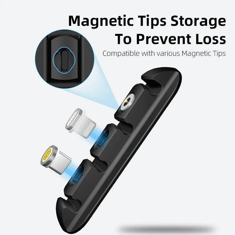 Black desktop magnetic cable organiser with soft plastic charging base stand for neat cord management