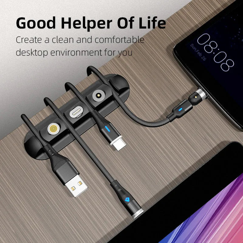 Black desktop magnetic cable organiser with soft plastic charging base stand for neat cord management