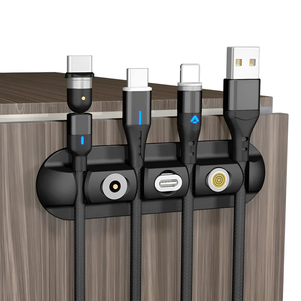 Black desktop magnetic cable organiser with soft plastic charging base stand for neat cord management