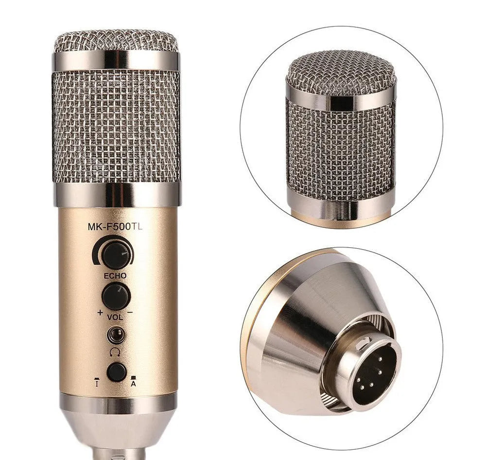 Gold condenser microphone with USB-C connection and mounting bracket for mobile phones and computers