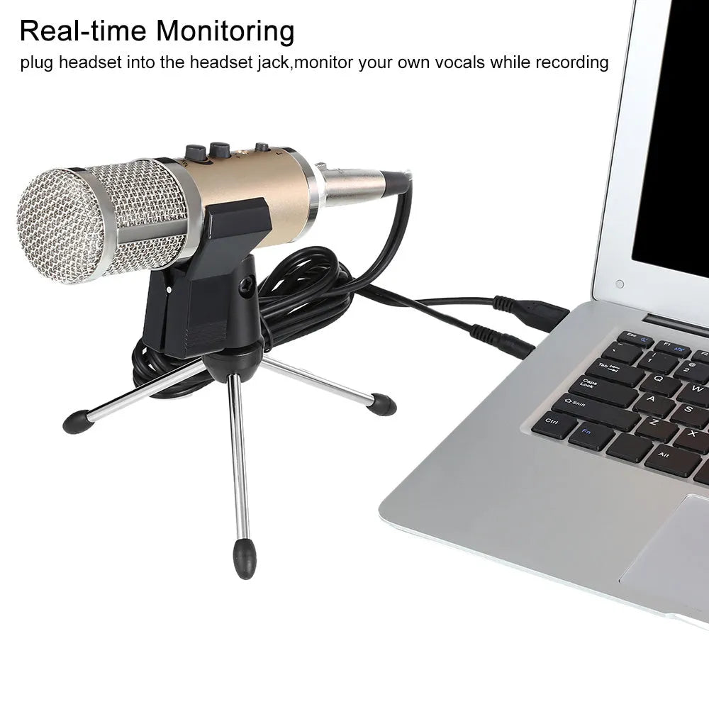 Gold condenser microphone with USB-C connection and mounting bracket for mobile phones and computers