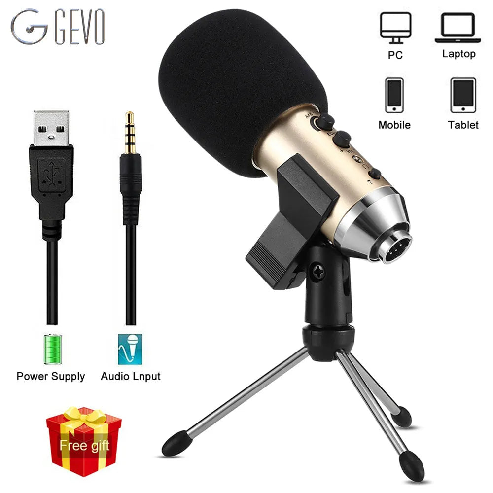 Gold condenser microphone with USB-C connection and mounting bracket for mobile phones and computers