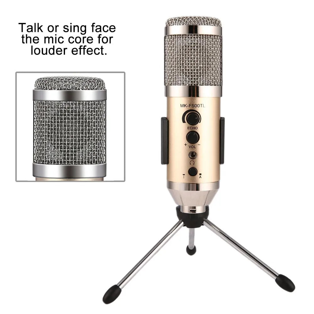 Gold condenser microphone with USB-C connection and mounting bracket for mobile phones and computers