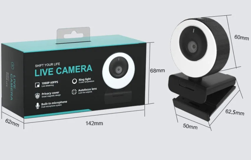 Black USB webcam with magnetic privacy cover on a 1.7 metre cable for 1080p video calls.