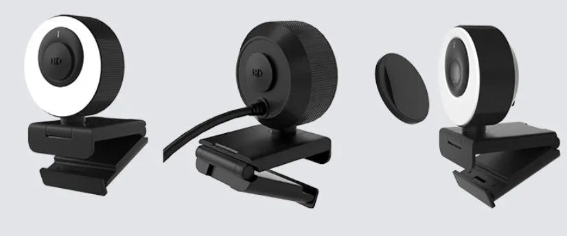 Black USB webcam with magnetic privacy cover on a 1.7 metre cable for 1080p video calls.