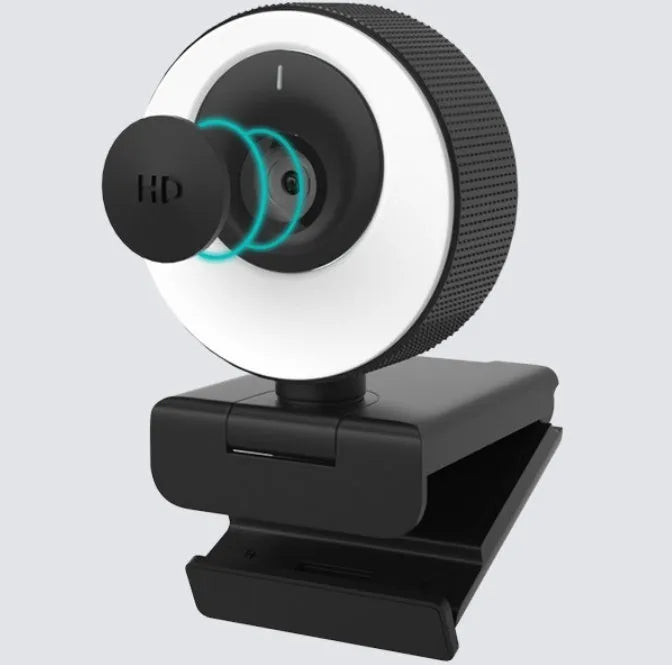Black USB webcam with magnetic privacy cover on a 1.7 metre cable for 1080p video calls.