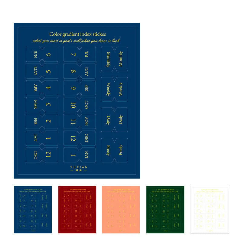 Pack of 10 Morandi gradient colour bookmark sticker sheets, showing Elegant, Jazz, Neon, and Summer themes.