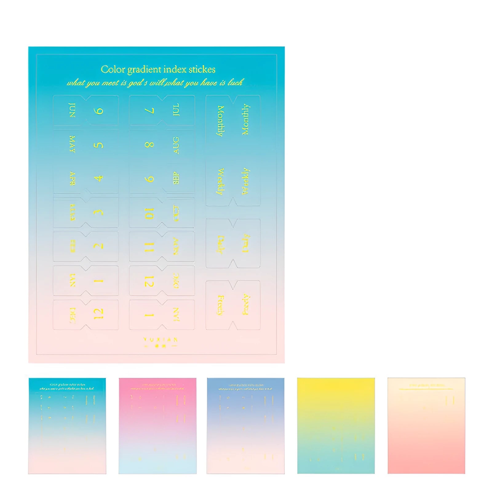 Pack of 10 Morandi gradient colour bookmark sticker sheets, showing Elegant, Jazz, Neon, and Summer themes.