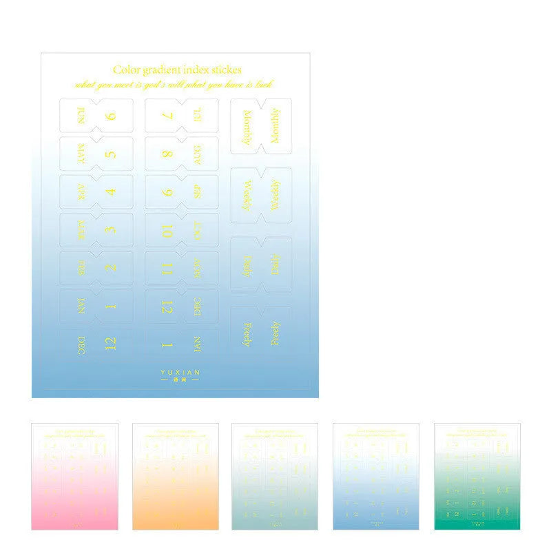 Pack of 10 Morandi gradient colour bookmark sticker sheets, showing Elegant, Jazz, Neon, and Summer themes.