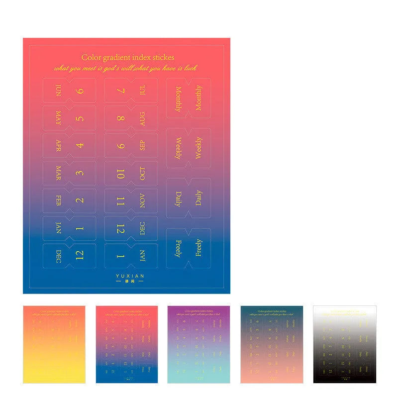 Pack of 10 Morandi gradient colour bookmark sticker sheets, showing Elegant, Jazz, Neon, and Summer themes.