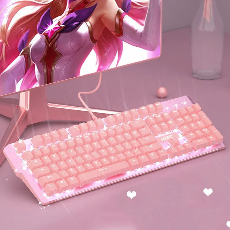 Pink mechanical keyboard and wired gaming mouse set on a desk.