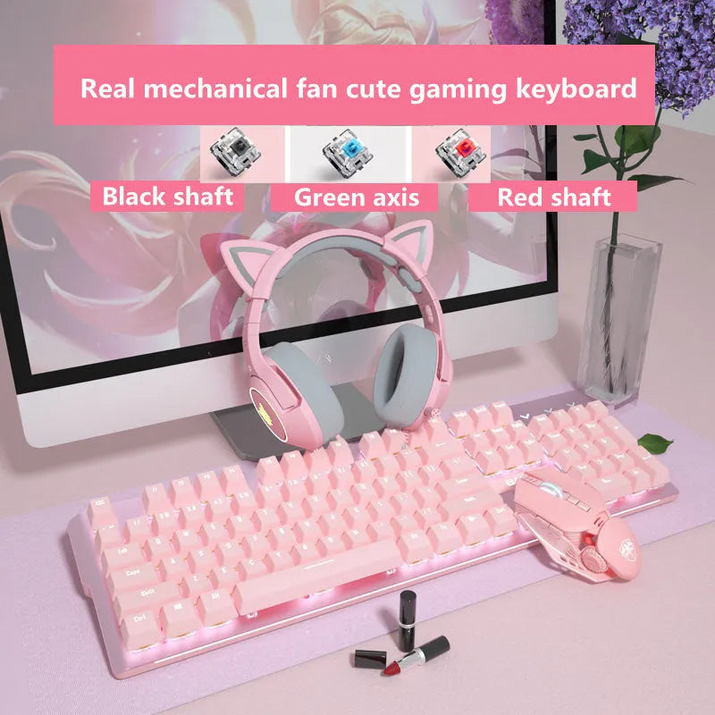 Pink mechanical keyboard and wired gaming mouse set on a desk.