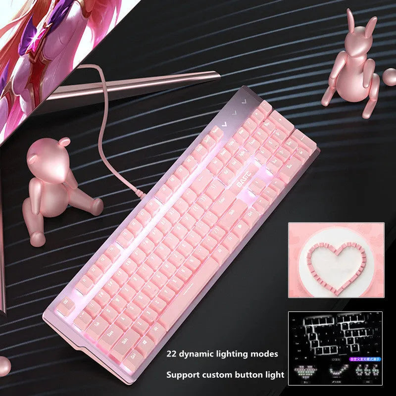 Pink mechanical keyboard and wired gaming mouse set on a desk.