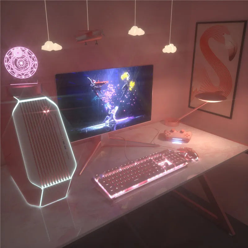Pink mechanical keyboard and wired gaming mouse set on a desk.