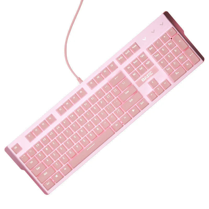 Pink mechanical keyboard and wired gaming mouse set on a desk.
