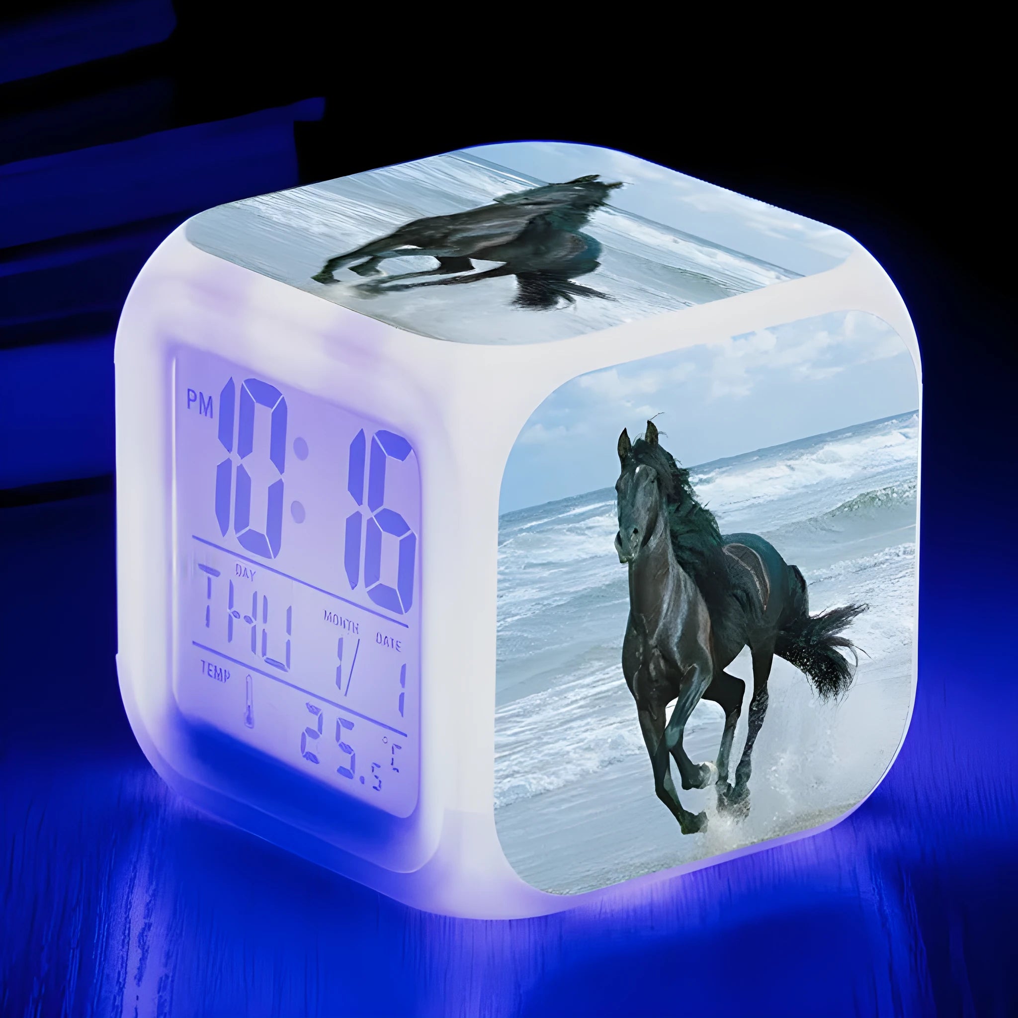 Square cartoon alarm clock with LED display showing time and temperature