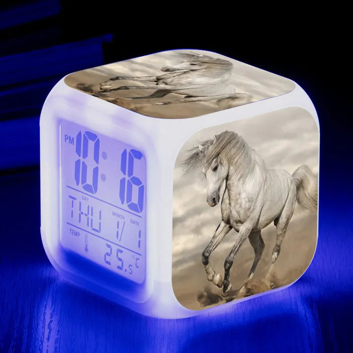 Square cartoon alarm clock with LED display showing time and temperature