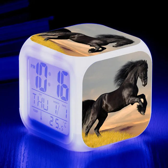 Square cartoon alarm clock with LED display showing time and temperature