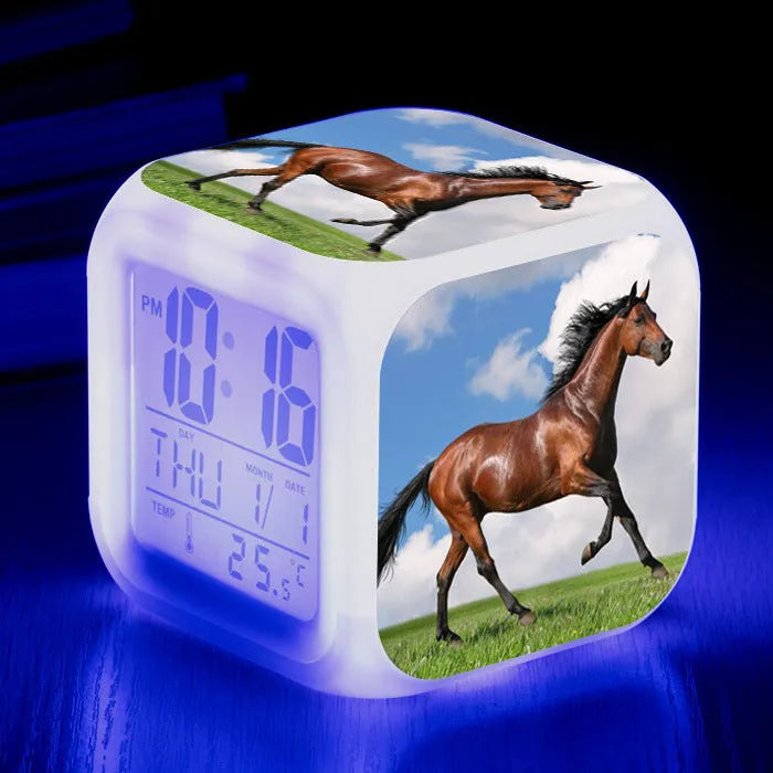 Square cartoon alarm clock with LED display showing time and temperature