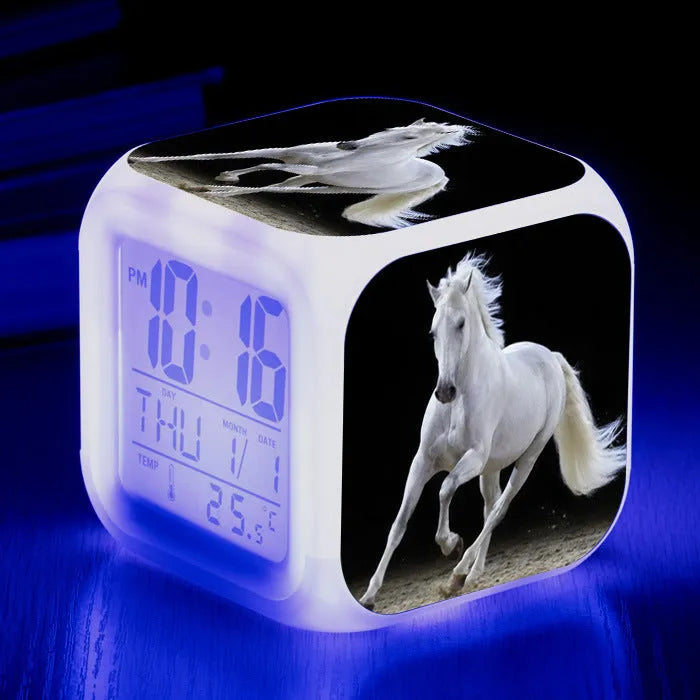 Square cartoon alarm clock with LED display showing time and temperature
