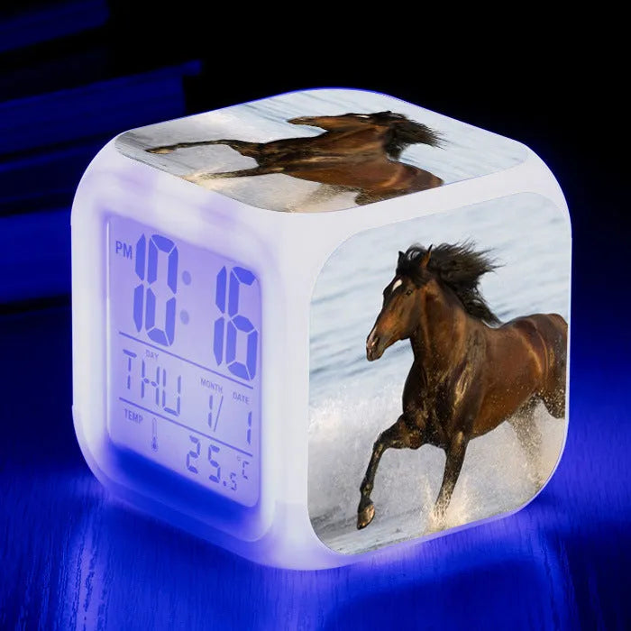 Square cartoon alarm clock with LED display showing time and temperature