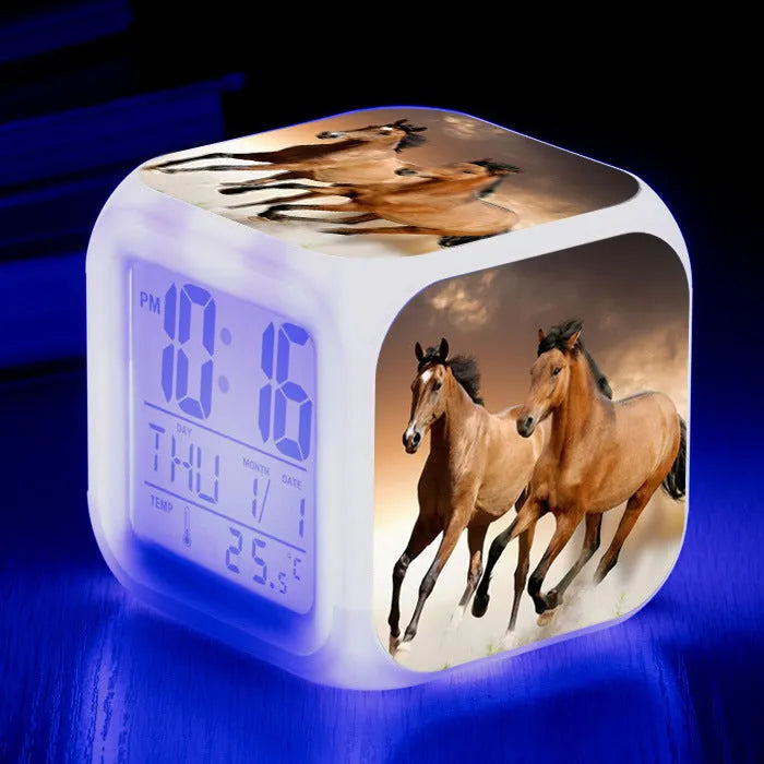 Square cartoon alarm clock with LED display showing time and temperature