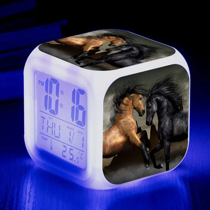 Square cartoon alarm clock with LED display showing time and temperature