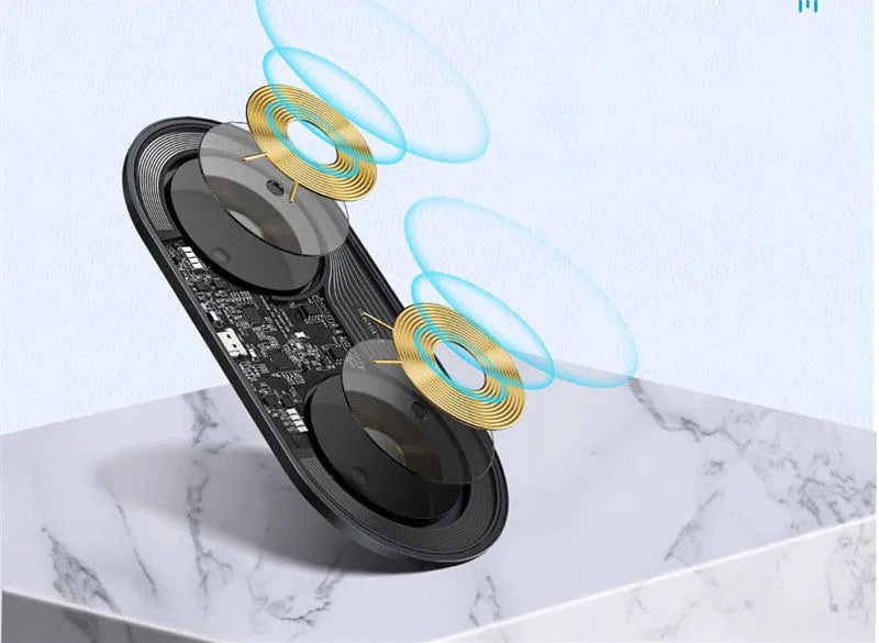 Baseus black minimalist two-in-one wireless charger for iPhone and AirPods on a desk.