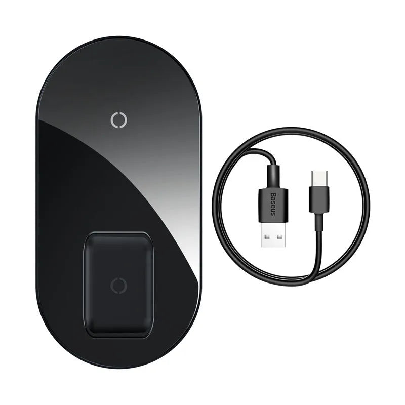 Baseus black minimalist two-in-one wireless charger for iPhone and AirPods on a desk.