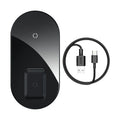 Baseus black minimalist two-in-one wireless charger for iPhone and AirPods on a desk.