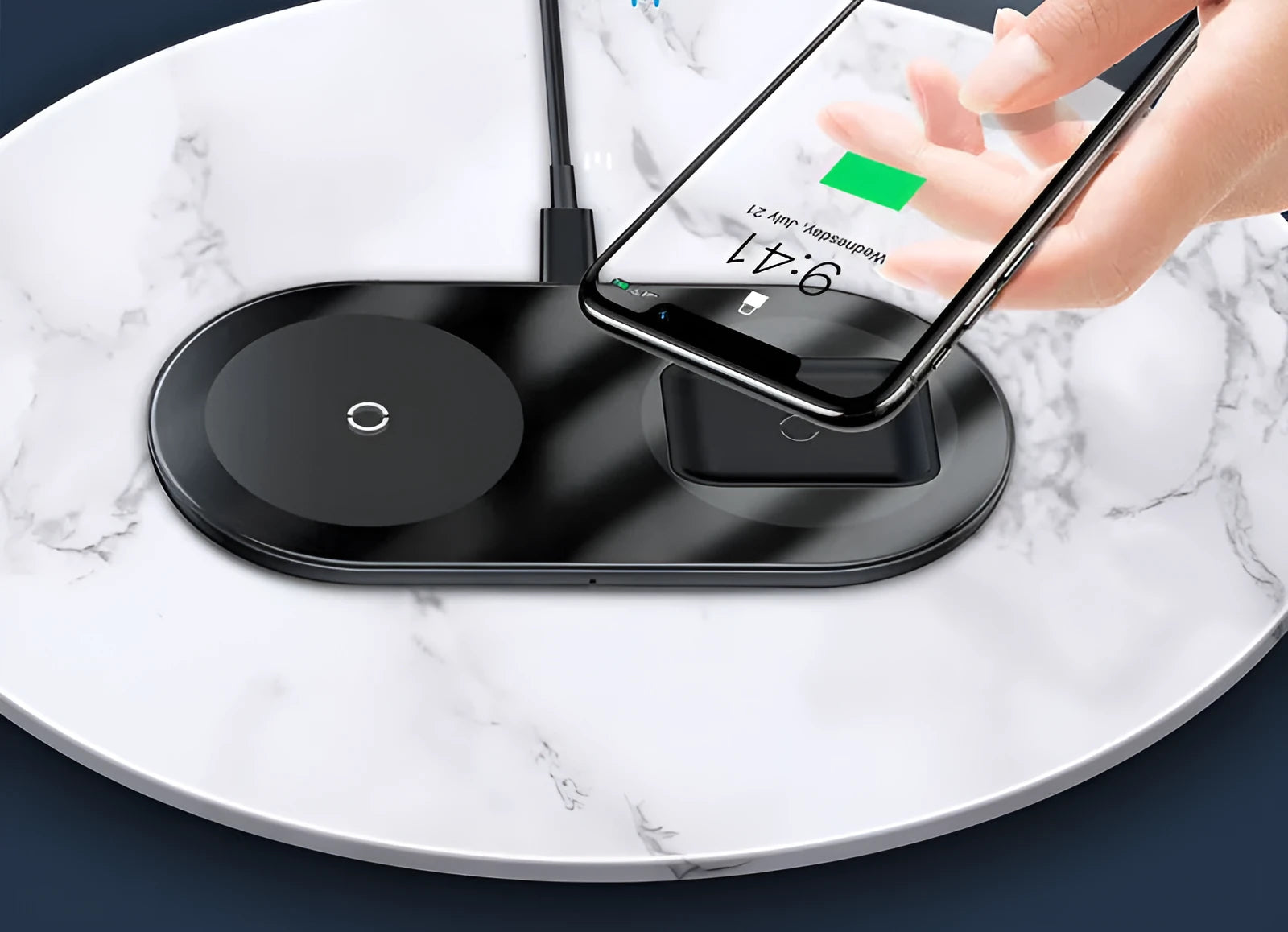 Baseus black minimalist two-in-one wireless charger for iPhone and AirPods on a desk.