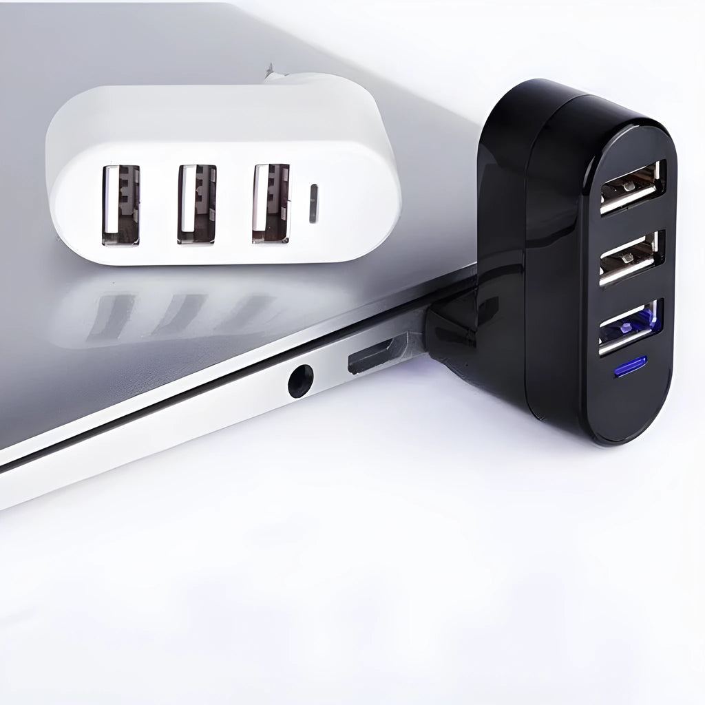 USB 2.0 four-port expansion hub in black and white colour options showing multiple USB ports
