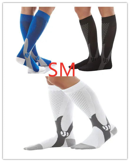 Graduated compression socks in black, shown with size guide for S/M, L/XL, and XXL.