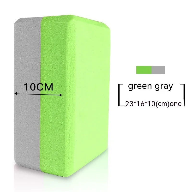 A high-density EVA yoga block in a choice of solid colours or printed designs, measuring 23cm by 15cm.