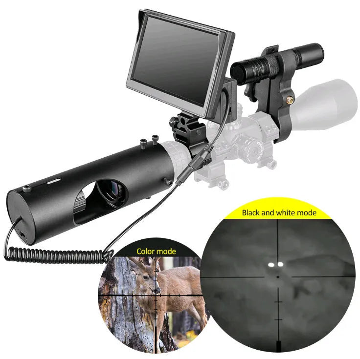 Black digital night vision goggles with 5-inch LCD display showing infrared-enhanced night-time scene