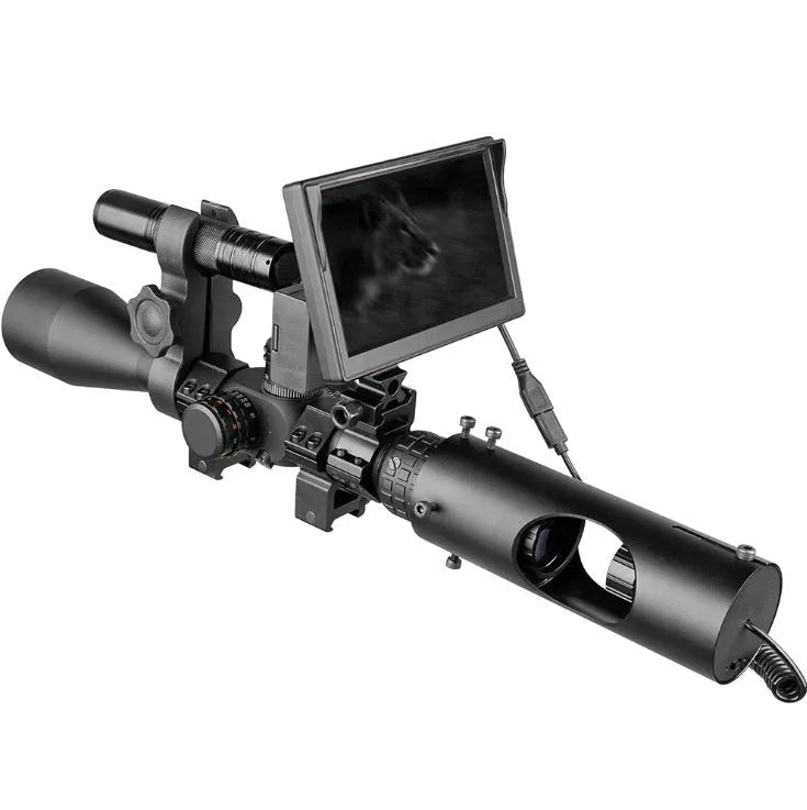 Black digital night vision goggles with 5-inch LCD display showing infrared-enhanced night-time scene