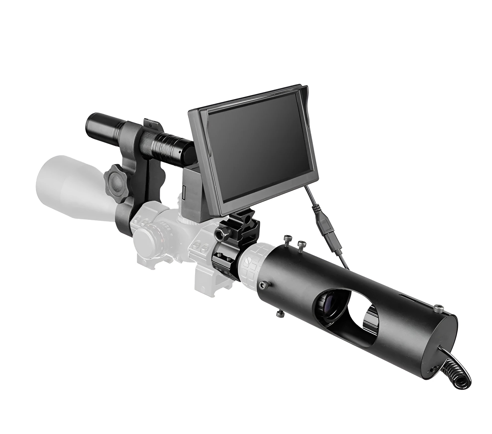 Black digital night vision goggles with 5-inch LCD display showing infrared-enhanced night-time scene
