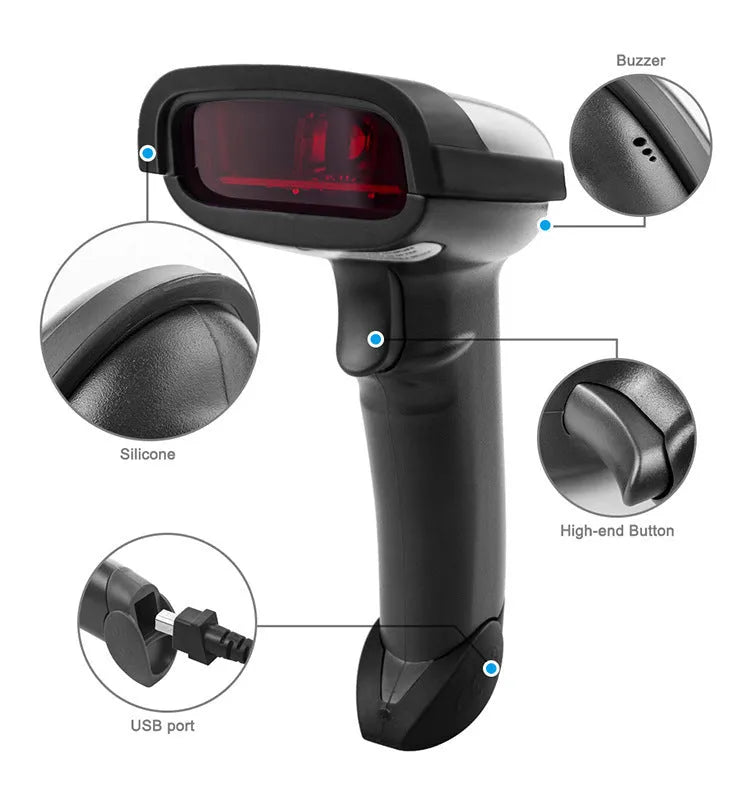 Black wireless handheld barcode scanner with USB connectivity for inventory management