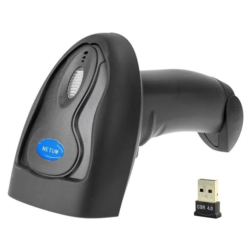 Black wireless handheld barcode scanner with USB connectivity for inventory management